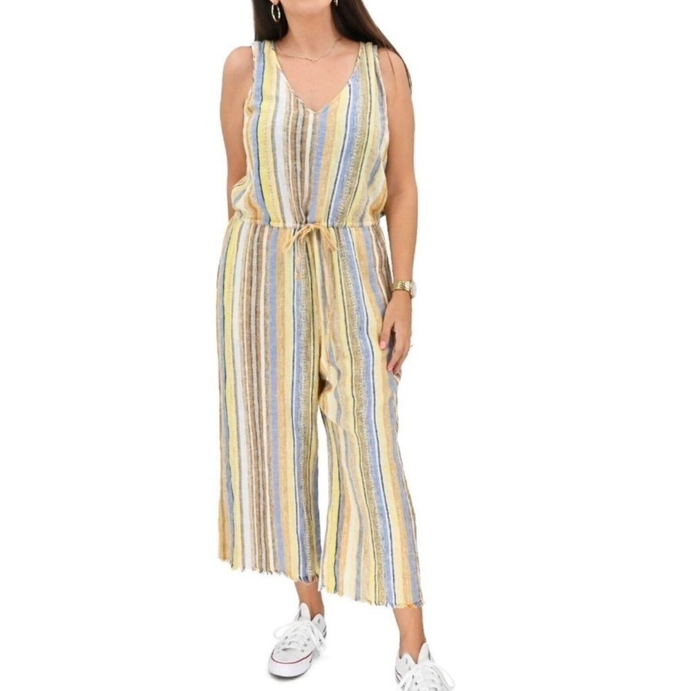 Anthropologie DREW Striped Summer Spring Linen Blend Fringe Hem Jumpsuit